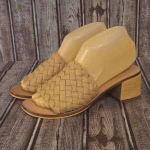 Sz 7 Womens Liberte Woven Leather Slide Sandals Tan Wood Block Heel Worn 1X!